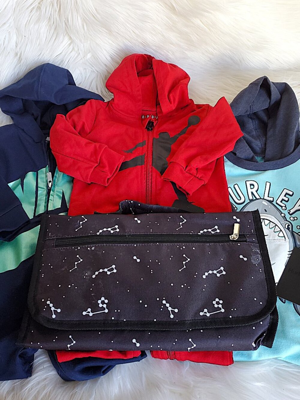 Nike/Jordan/Hurley Baby Coverall Hooded Bundle with Portable Changing Pad SZ 18M